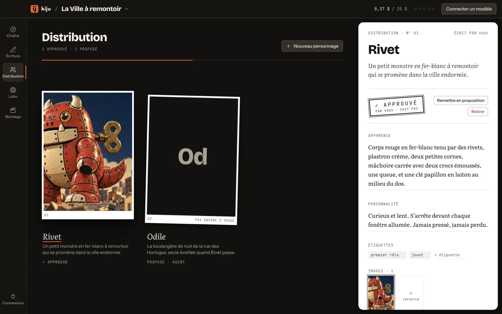 La Distribution : Rivet, approuvé, avec son portrait, et Odile, proposée ; l’apparence et le caractère de Rivet à droite