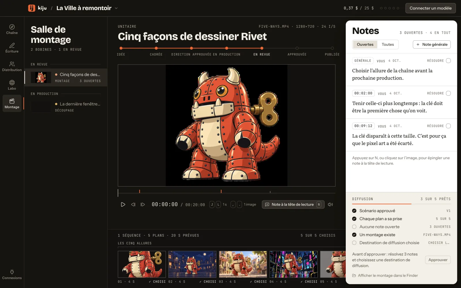 La salle de montage : « Cinq façons de dessiner Rivet » en revue, trois notes épinglées sur le temps, la liste de diffusion