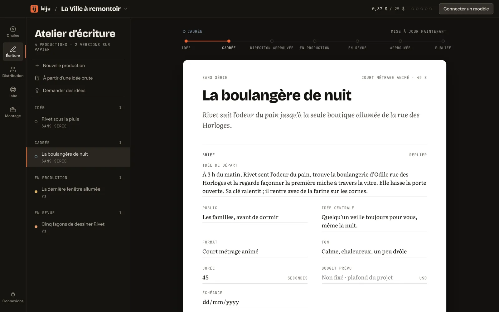 L’atelier d’écriture : quatre productions à gauche, « La boulangère de nuit » ouverte sur son brief