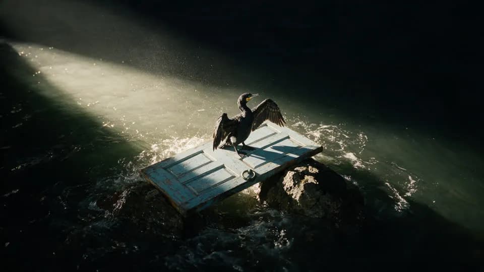 The silent last sweep: the cormorant stands on the door. AI-generated keyframe.