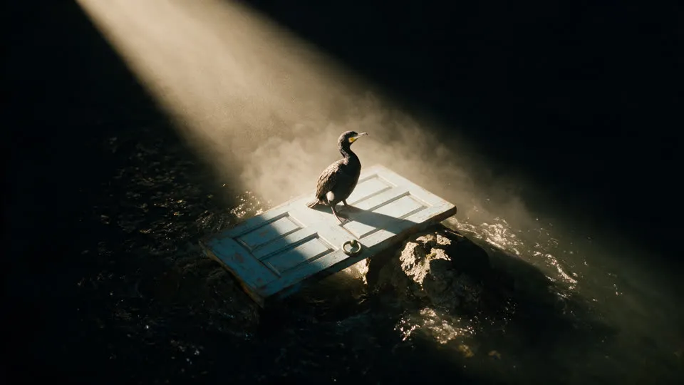 The Fog’s first sweep: the cormorant on its door in a pocket of clear air. AI-generated keyframe.
