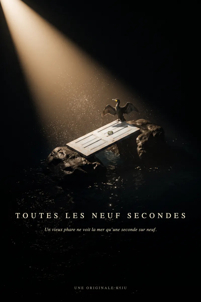Affiche de Toutes les neuf secondes : le cormoran, la porte et le faisceau du phare. Images générées par IA.