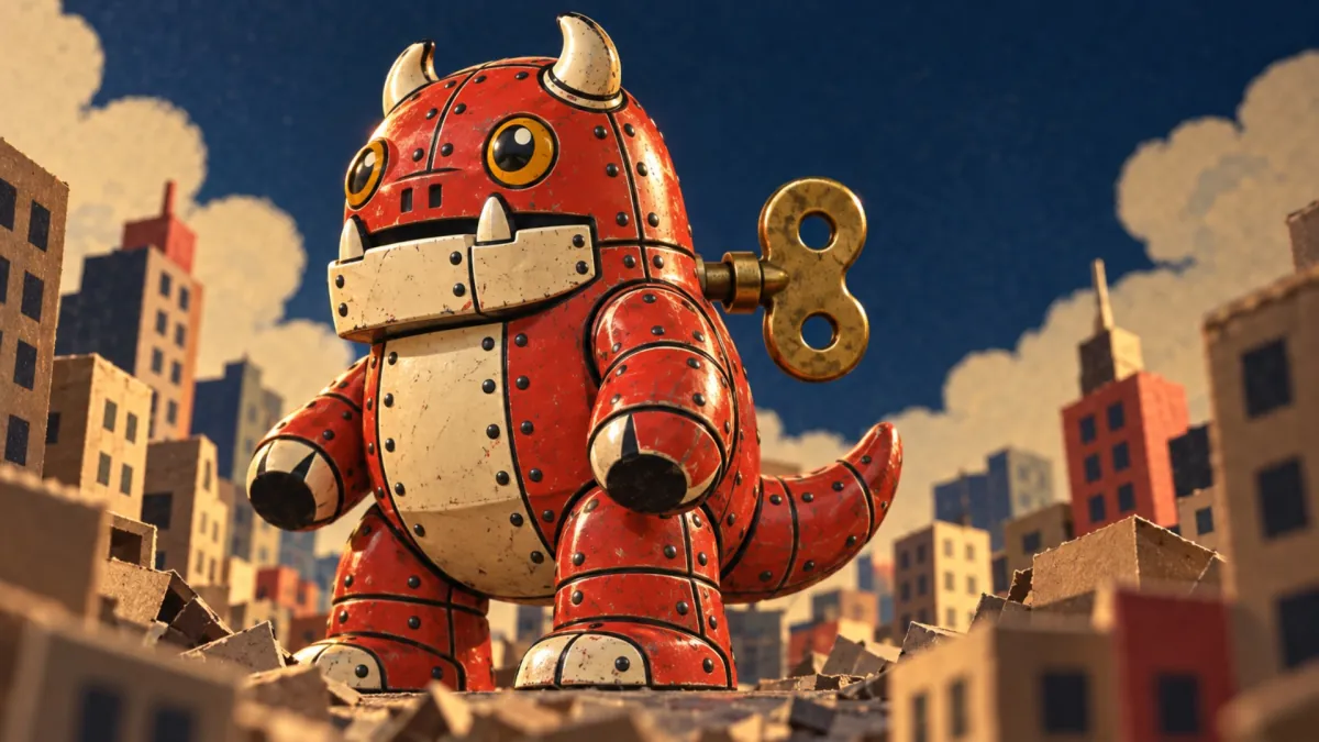 The reference: the red tin monster with its brass key, striding through a cardboard city under a night-blue sky