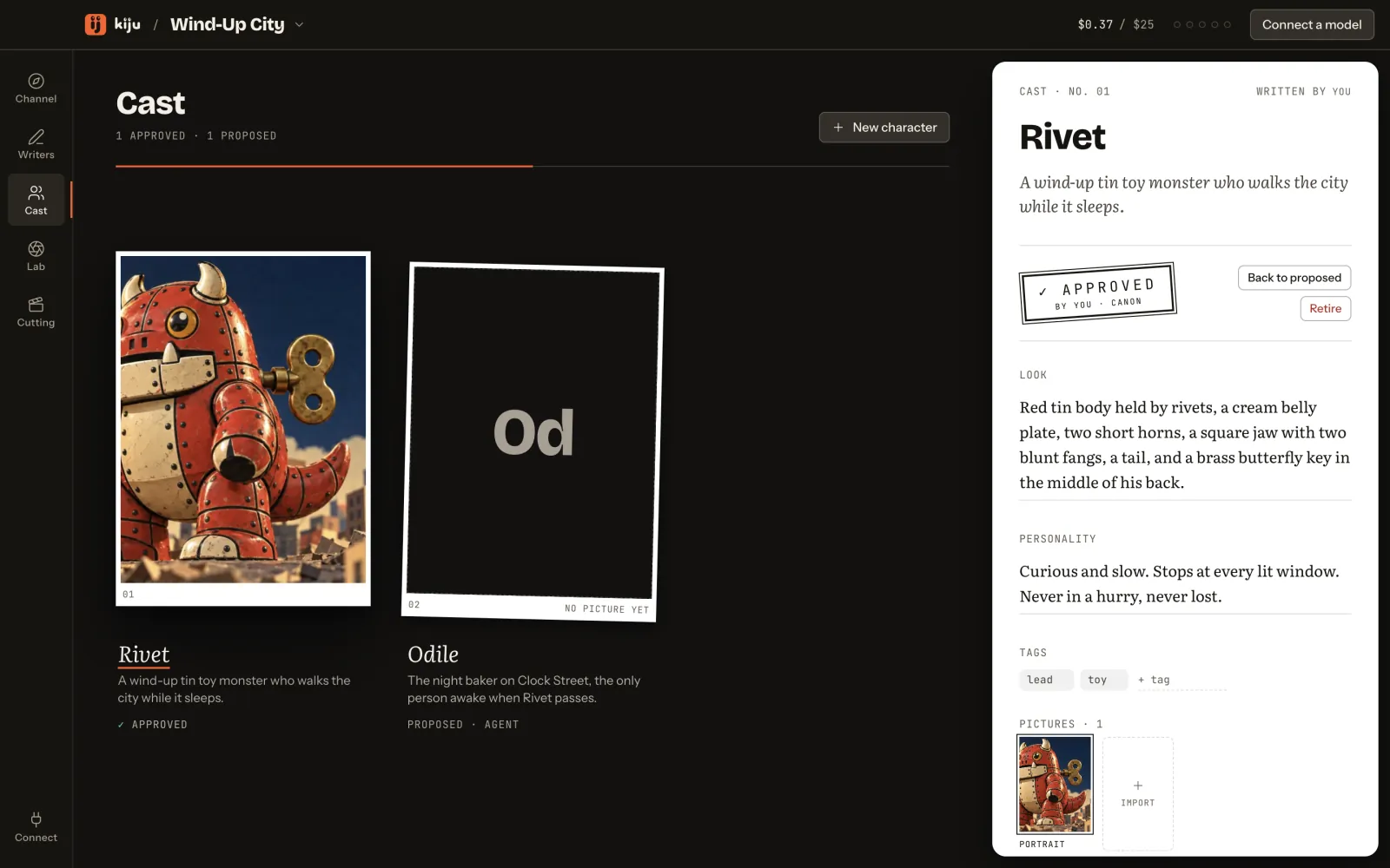 The Cast room: Rivet, approved, with his portrait, and Odile, proposed; Rivet’s look and personality on the right