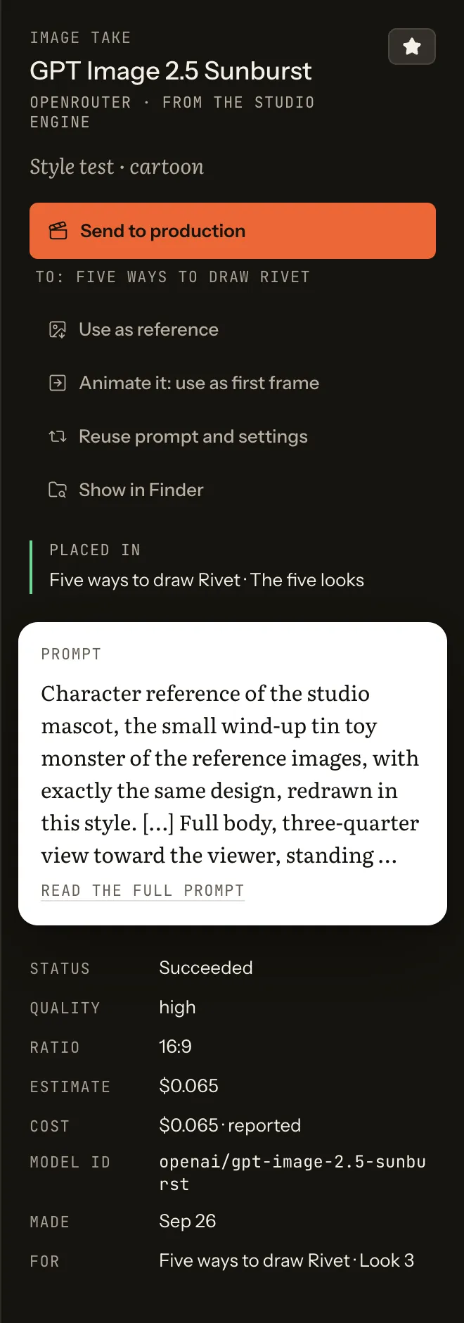A take’s inspector: Send to production, use as reference, animate it