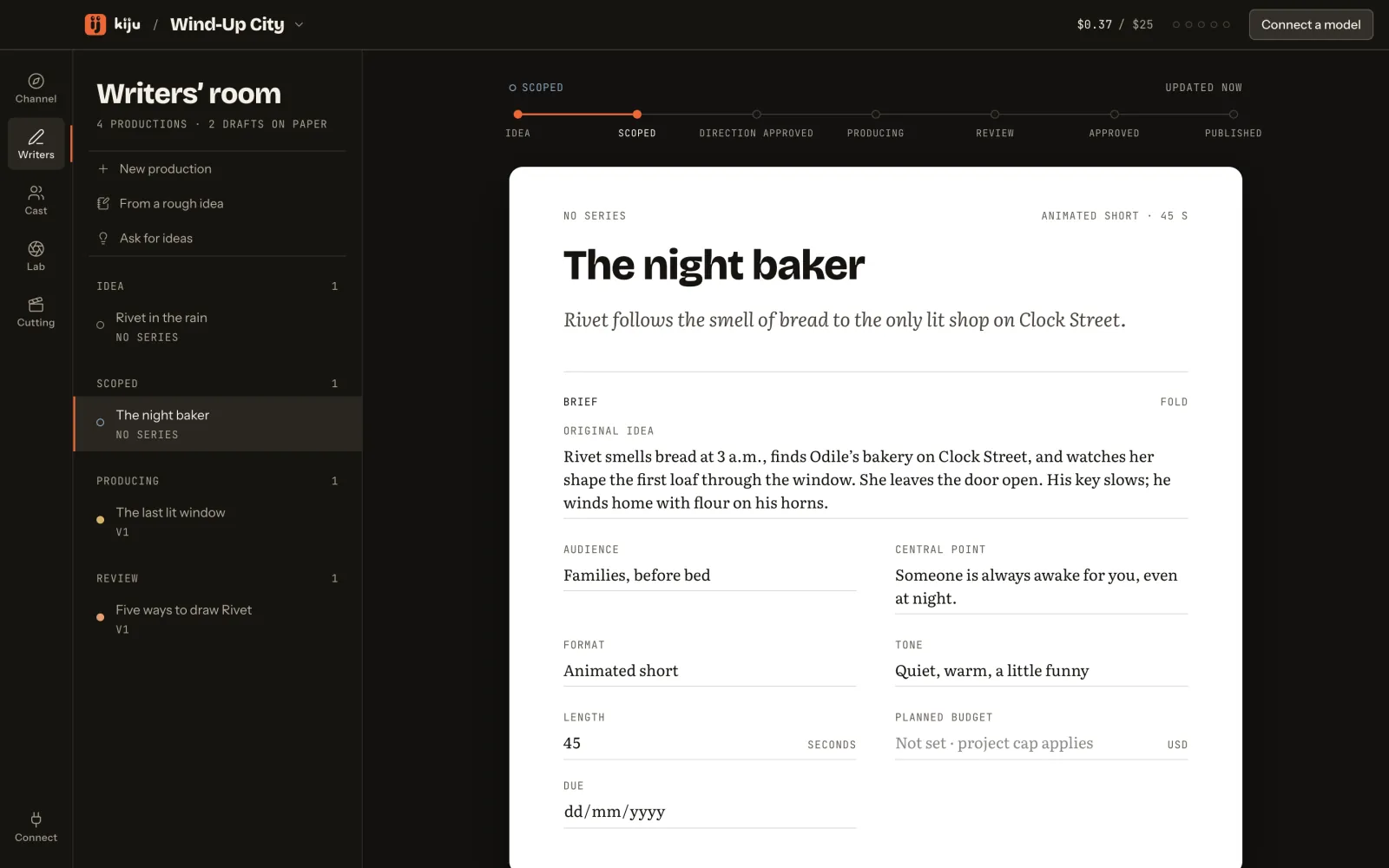 The Writers’ room: four productions on the left, « The night baker » open on its brief