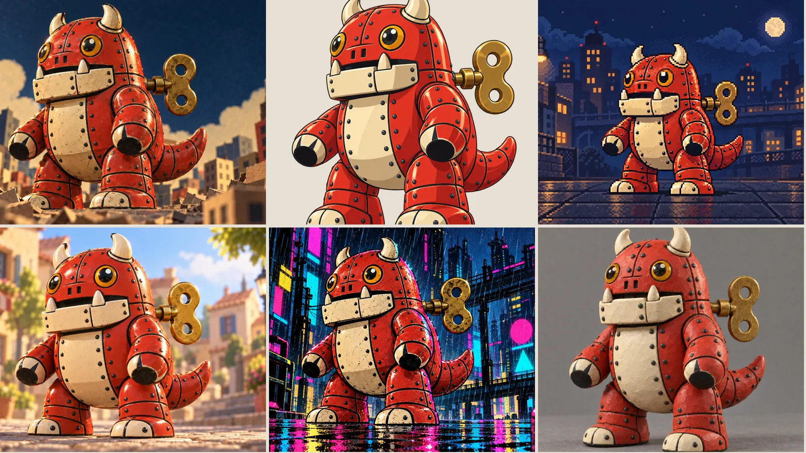 The tin-toy mascot six times — the reference image, then shōnen, pixel art, cartoon, cyberpunk and clay.